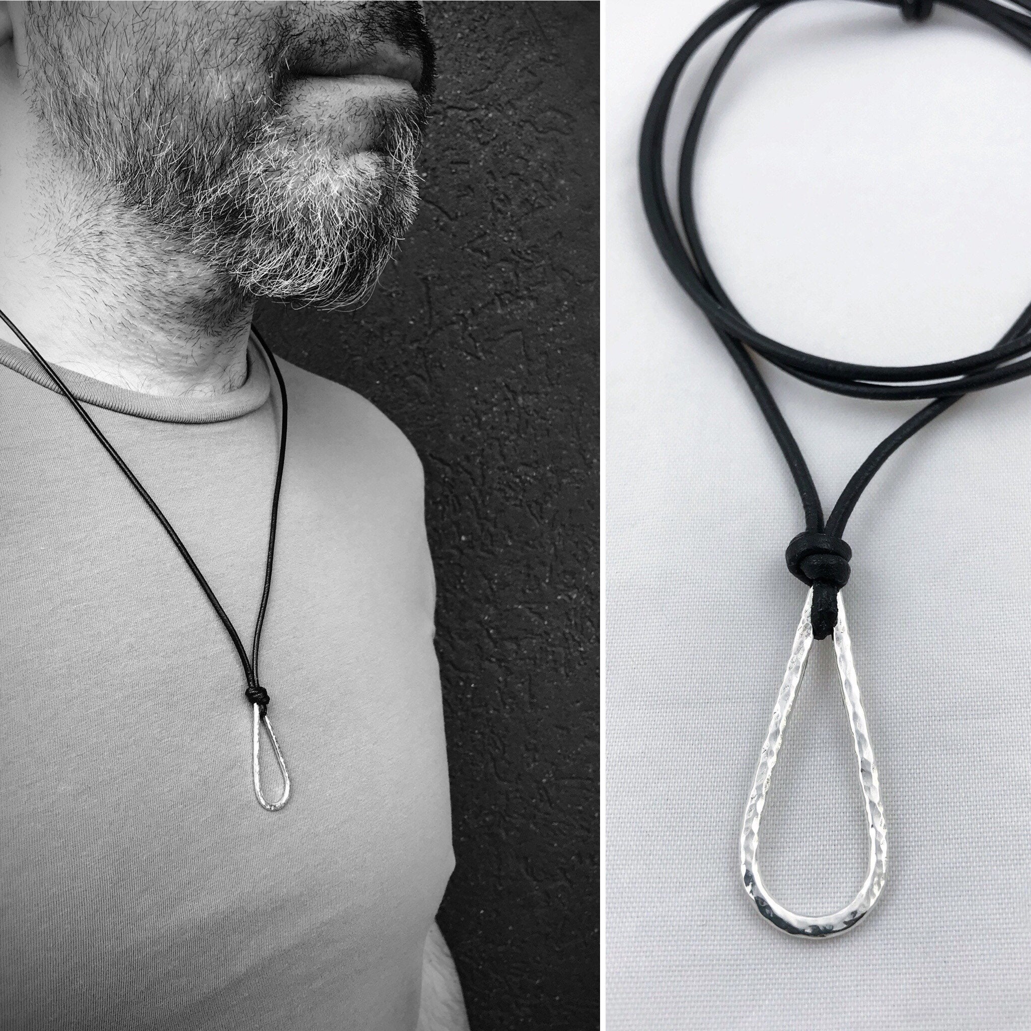 Men's Raindrop Necklace / Solid Sterling Silver / Rustic Hammer